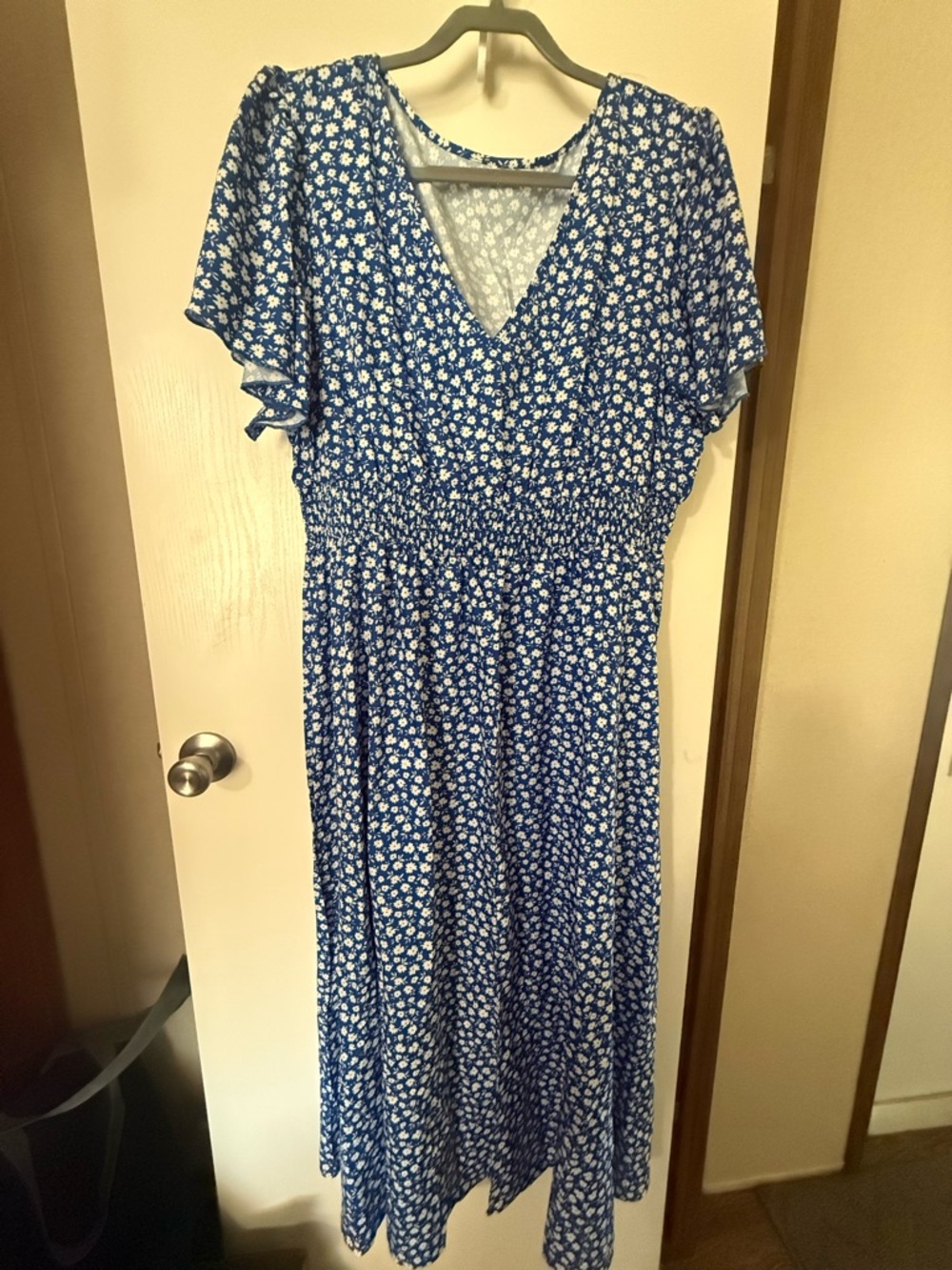 Blue Floral V-Neck Smocked Midi Dress